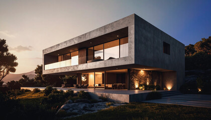 Modern house in cement by evening, exterior view