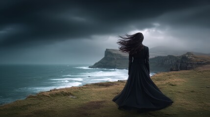 Woman stands on a grassy hill overlooking the ocean. The sky is dark and stormy. Scene is somber and melancholic