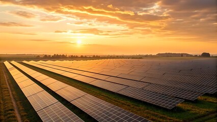 Scenic Solar Panel Farm at Sunrise Generating Renewable Energy with Golden Light and Beautiful Sky Over Fields