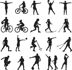 Fototapeta premium Silhouettes of Athletes Engaged in Various Sports and Recreational Activities Keywords: silhouette, athlete, sport, activity, cycling, running, swimming, basketball, soccer, hockey, skiing, tennis