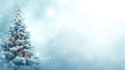 Christmas background. Xmas tree with snow decorated with garland lights, holiday festive background. Merry Christmas and happy New Year greeting background with copy-space. Winter fairytale.