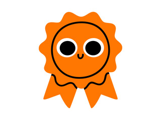 Hand drawn cute character illustration of award ribbon with eyes and smile. Flat vector competition or contest winner mascot doodle. Education or study sticker, icon. Quality guarantee. Isolated.