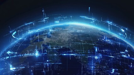 Futuristic view of Earth from space, illuminated by glowing digital data streams and network overlays, global communication, advanced technology, high-speed connectivity, and information exchange.