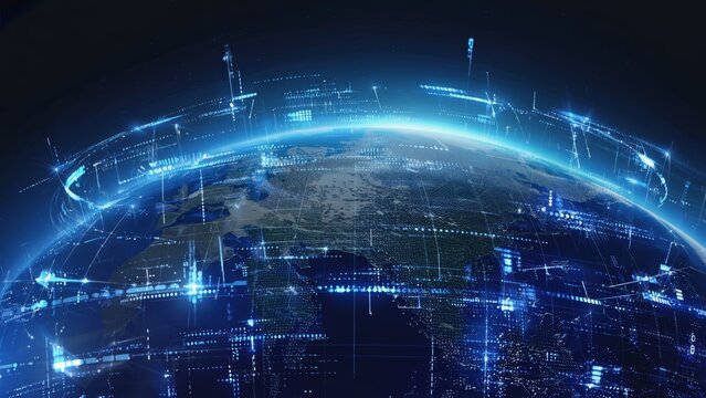Futuristic view of Earth from space, illuminated by glowing digital data streams and network overlays, global communication, advanced technology, high-speed connectivity, and information exchange.