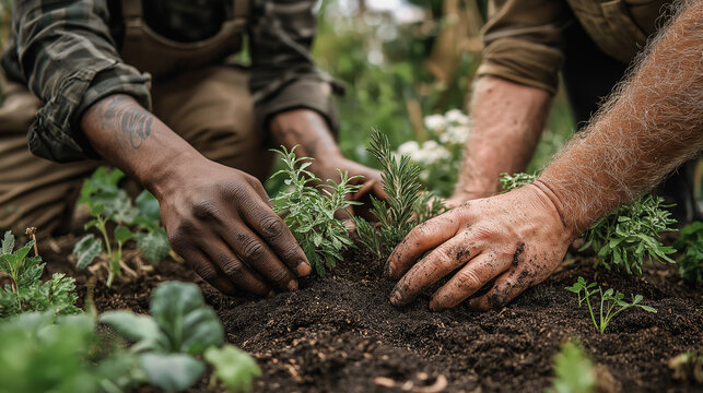Two people planting herbs in community garden. - Powered by Adobe