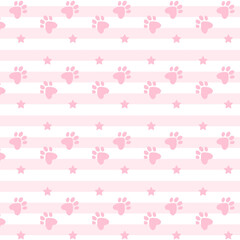Pastel pink diagonal stripes seamless pattern design with cute paws and stars