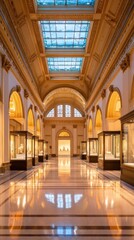 Elegant museum interior showcasing illuminated exhibits under a grand arched ceiling