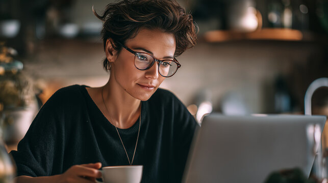Young woman working on laptop at home.