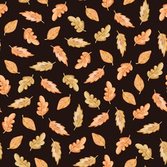 Seamless pattern with autumn watercolor leaves in warm orange and brown shades on dark brown background. Perfect for fabric, textile, wrapping paper, wallpaper, scrapbooking and seasonal design