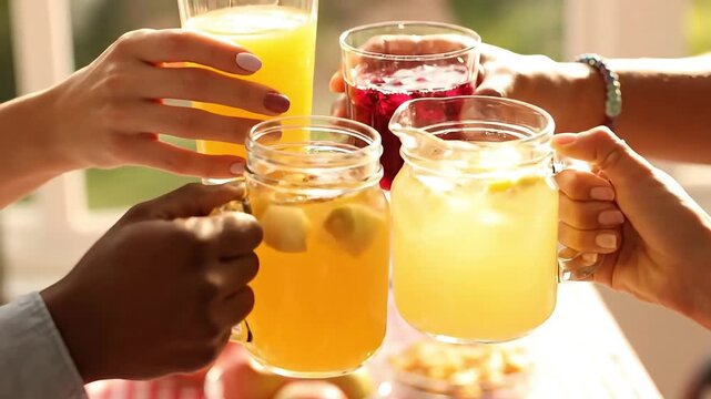 Friends Toasting with Colorful Drinks in a Sunny Outdoor Setting, representing celebration and friendship. - Powered by Adobe