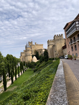 Castillo de piedra con torres y almenas en lo alto de una loma, flanqueado por &aacute;rboles alineados y edificios tradicionales, bajo cielo parcialmente nublado.