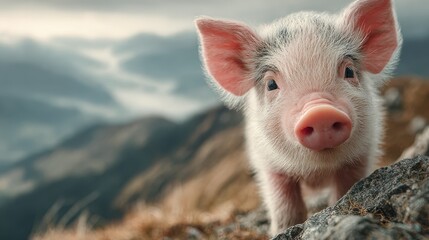 Cute piglet exploring rocky terrain in a picturesque mountainous landscape during daylight hours