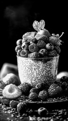Chia pudding topped with fresh berries and mint leaves
