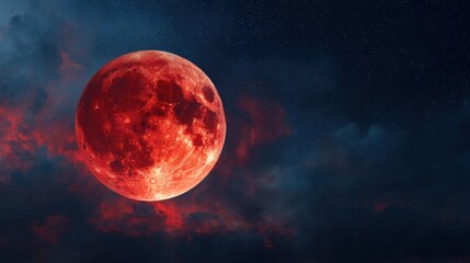 Blood moon illuminating night sky with starry backdrop and cloudy mist