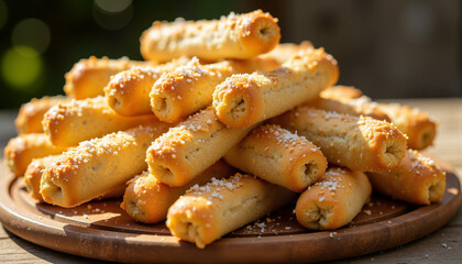 Breadsticks with parmesan in modern style on wooden platter  