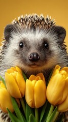 Hedgehog with yellow tulips on a golden background during springtime