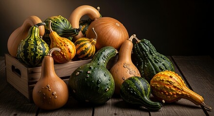 Autumn Gourds and Pumpkins Still Life on Rustic Wood.