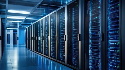 High tech data center with illuminated server racks, advanced IT infrastructure, and blue lighting for cloud computing, AI systems, cybersecurity, or enterprise digital solutions
