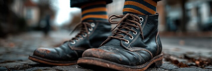 Stylish worn-out black boots with striped socks on a cobblestone street in an urban setting during fall