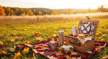 Autumn picnic in a sunny field with basket and blanket.