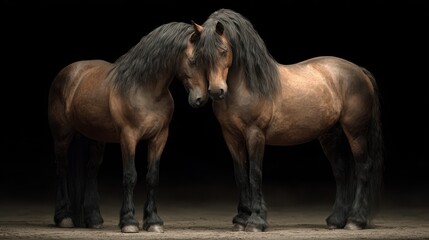 Two majestic horses standing close together in a dimly lit stable showcasing their strong bond and grace