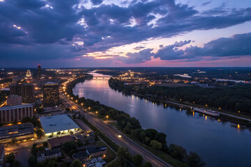 Opole, aerial view of Old Town and Oder river. Poland, spring day. Drone shot on sunset time.