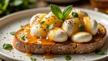 Modern bruschetta with ricotta and honey on a rustic plate  
