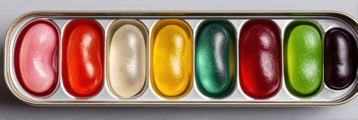 Colorful jelly beans arranged in a silver tin tray showcasing a variety of vivid flavors at a candy store
