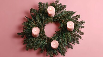 Festive holiday wreath with candles and evergreen branches on pink background