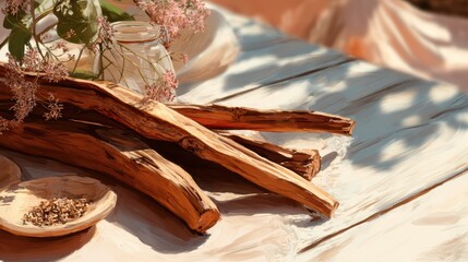 Sunlit wooden table with dried wooden logs and rustic decor