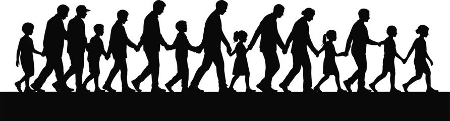 Black silhouette people walking in timeline, life stages, age progression, family connection, unity concept, minimal design, white background illustration