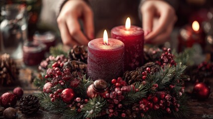 Cozy holiday scene with red candles and festive wreath displayed on table