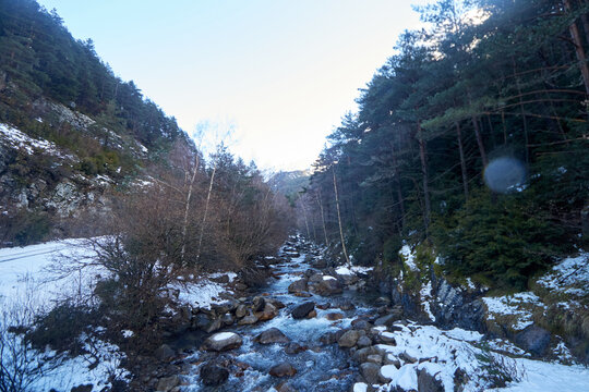 Arroyo entre rocas y nieve en un valle monta&ntilde;oso, rodeado de bosques bajo cielo azul.