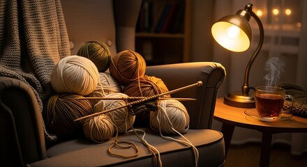 Cozy evening knitting with yarn and warm tea.