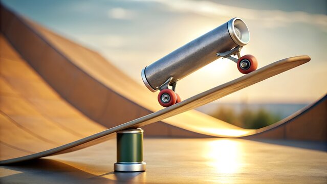 A whimsical skateboard contraption with a metal cylinder and red wheels balances precariously on a ramp, set against a soft, sunlit sky, creating a surreal scene