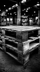 Wooden pallets stacked in an industrial warehouse setting