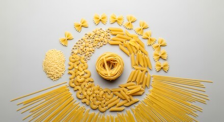Diverse Italian Pasta Shapes Artfully Arranged on a Light Background.