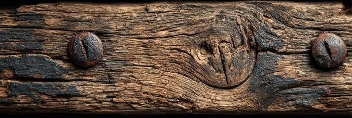 Weathered wooden plank with rusted nails showcases the beauty of age and craftsmanship at a historic site
