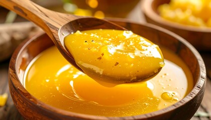 Golden, viscous liquid in wooden bowl and spoon