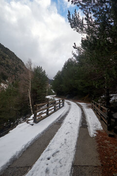 Sendero de monta&ntilde;a con nieve parcial entre barandillas de madera y con&iacute;feras, bajo un cielo azul con nubes que suavizan el paisaje invernal.
