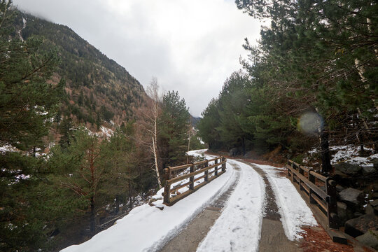 Sendero de monta&ntilde;a con nieve parcial entre vallas de madera y con&iacute;feras, bajo un cielo gris que suaviza el paisaje invernal.
