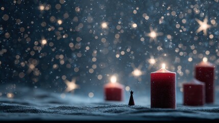 Glowing red candles in festive snowy scene with sparkling stars