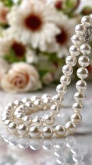 Elegant pearl necklace draped gracefully over reflective surface with delicate floral backdrop