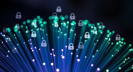 Fiber Optic Network Security Concept with Glowing Cables and Padlock Icons.