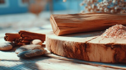 Rustic wooden table setting with spices and rocks in warm tones