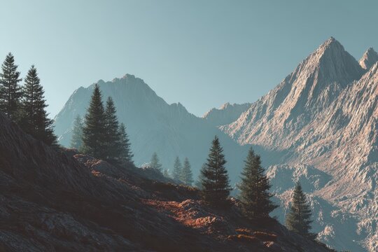 Realistic rendering of a minimal landscape featuring rugged mountains and evergreen trees under a clear sky