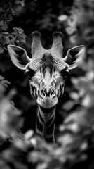 Giraffe peering through foliage in a serene habitat scene
