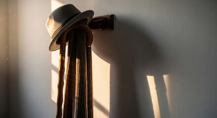 Hat on wooden stand with sunlight and shadows in a quiet room.