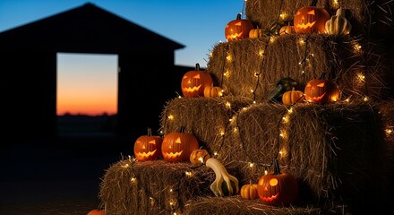 Halloween Jack O Lanterns on Hay Bales at Dusk.