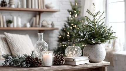 Cozy christmas living room with pine cones and candles